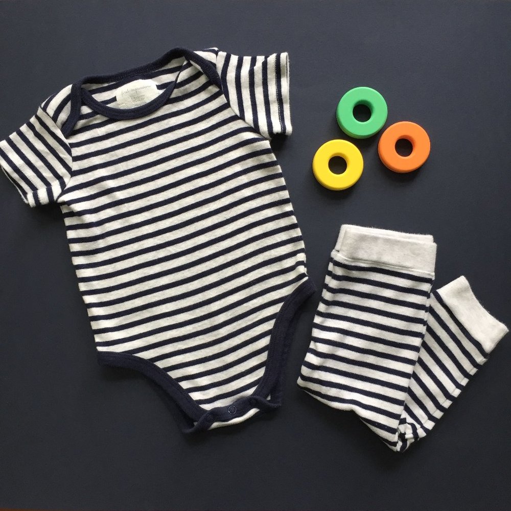 First Impressions 6-9m Navy/Grey Stripe Set